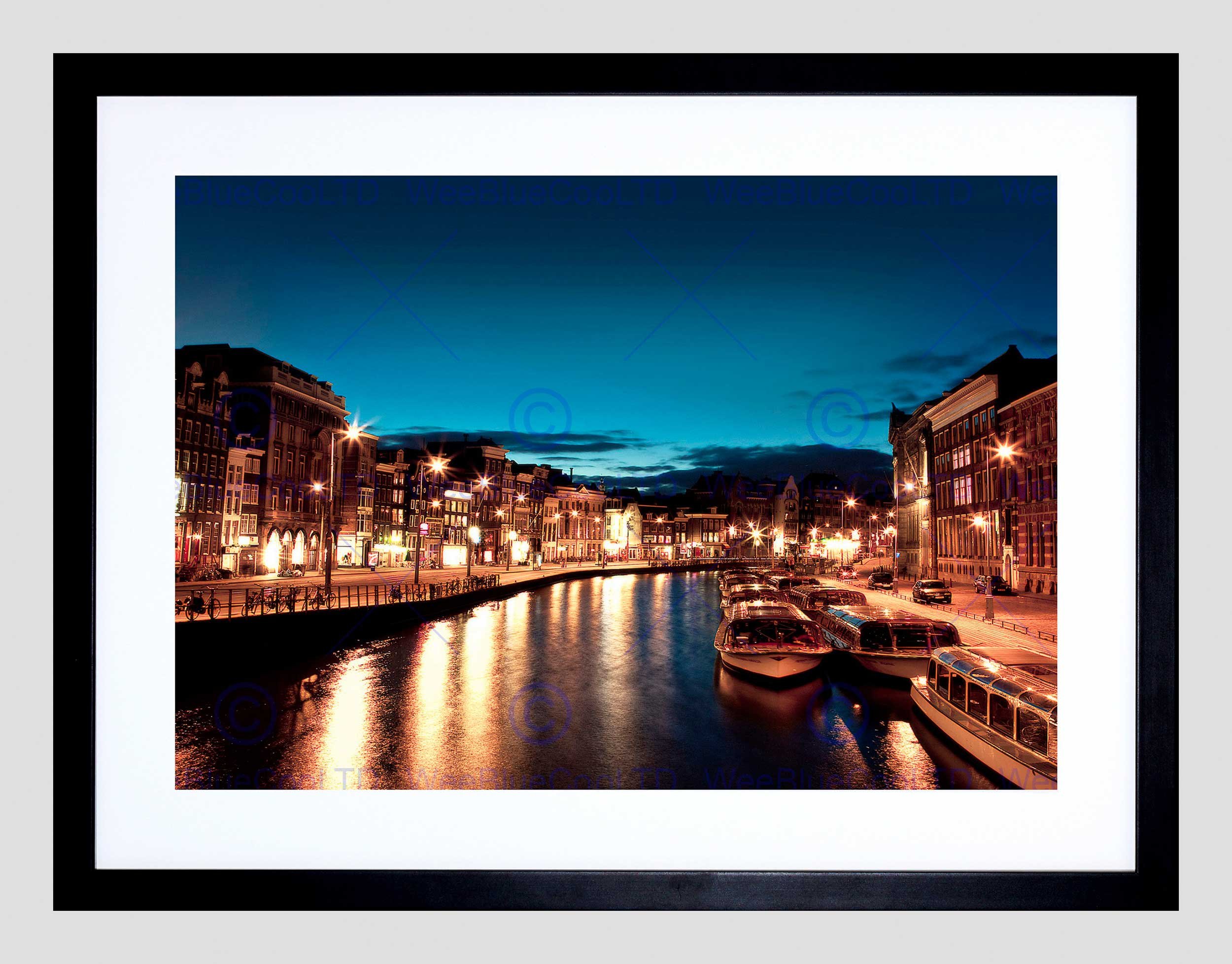 Wee Blue Coo Amsterdam Channels Night Lights Boat Picture Framed Wall Art Print