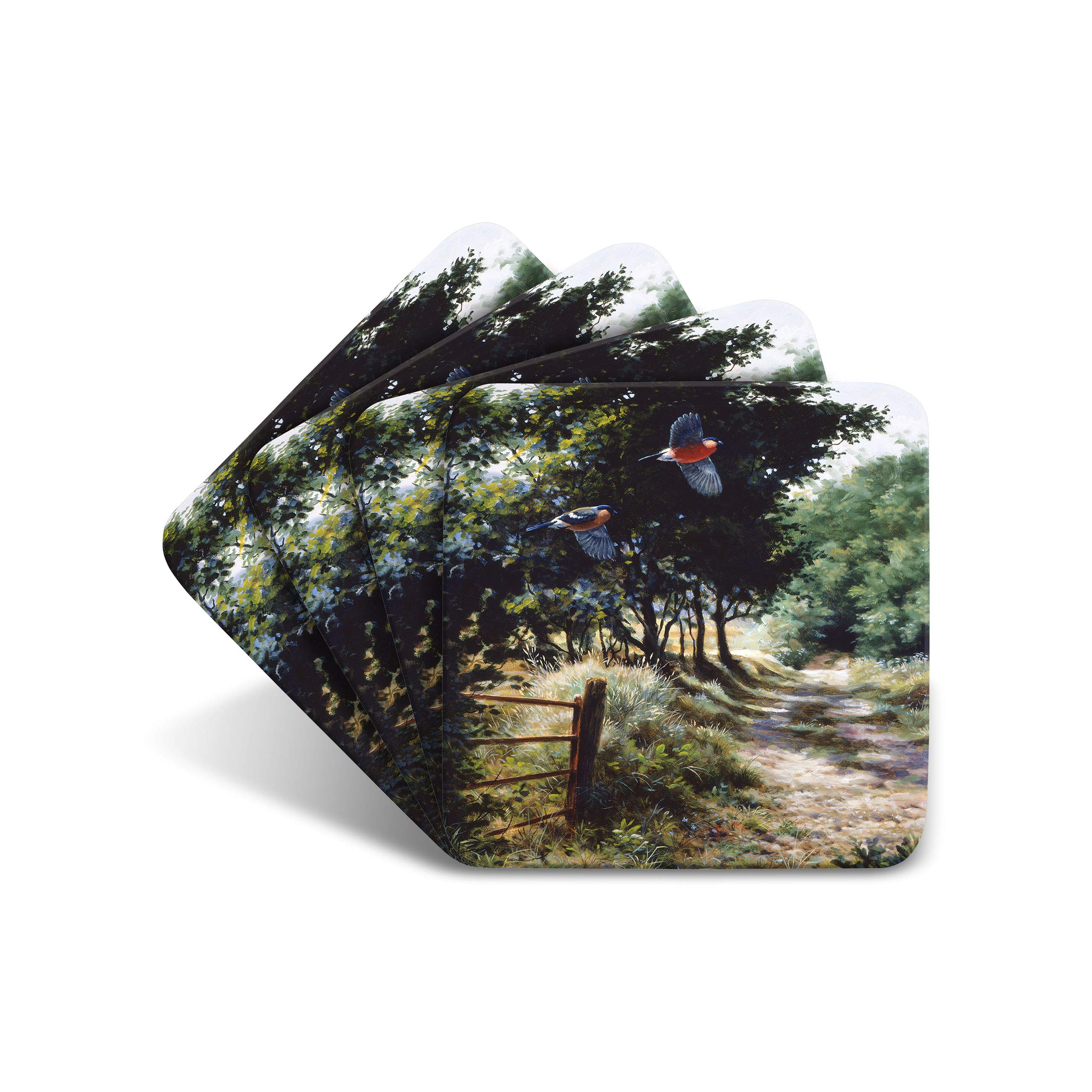 Julian Friers Bullfinch Drinks Coasters by Wildlife Artist - Set of 4 Bullfinch Coasters - Non-Slip, Cork Table Coasters