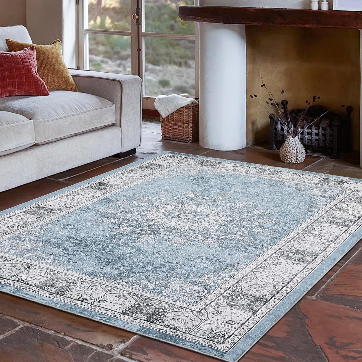 vintage neutral washable area rug - stain-resistant non-slip large carpet for living room, dining room & home decor