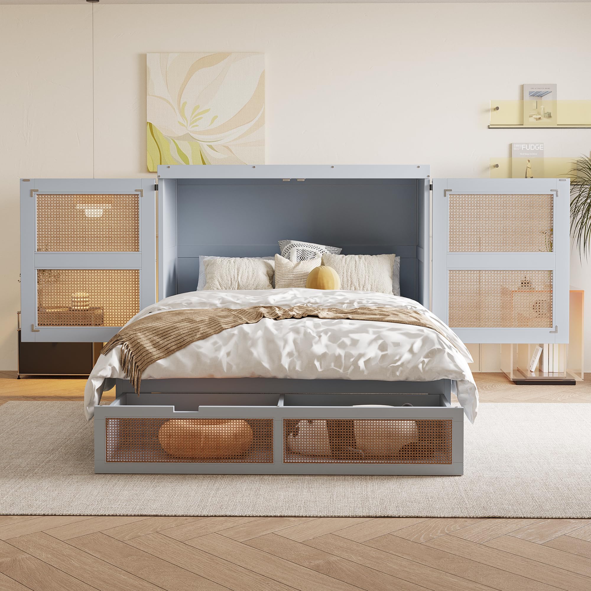 Schrankbett 140x200- Wandbett mit Lattenrost - Schrank mit Klappbett - Wandklappbett - Murphy Bed - Bettschrank, vertikales Schrankbett, Jugendbett, ohne Matratze,Grau