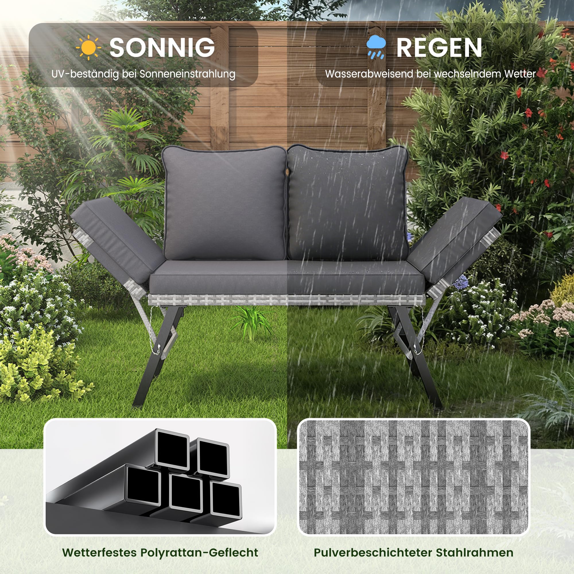 Amopatio Gartenbank Polyrattan mit Liegefunktion – 2-Sitzer Gartensofa mit verstellbaren Armlehnen, wetterfestes Outdoor Sofa für Garten, Balkon & Terrasse, Grau