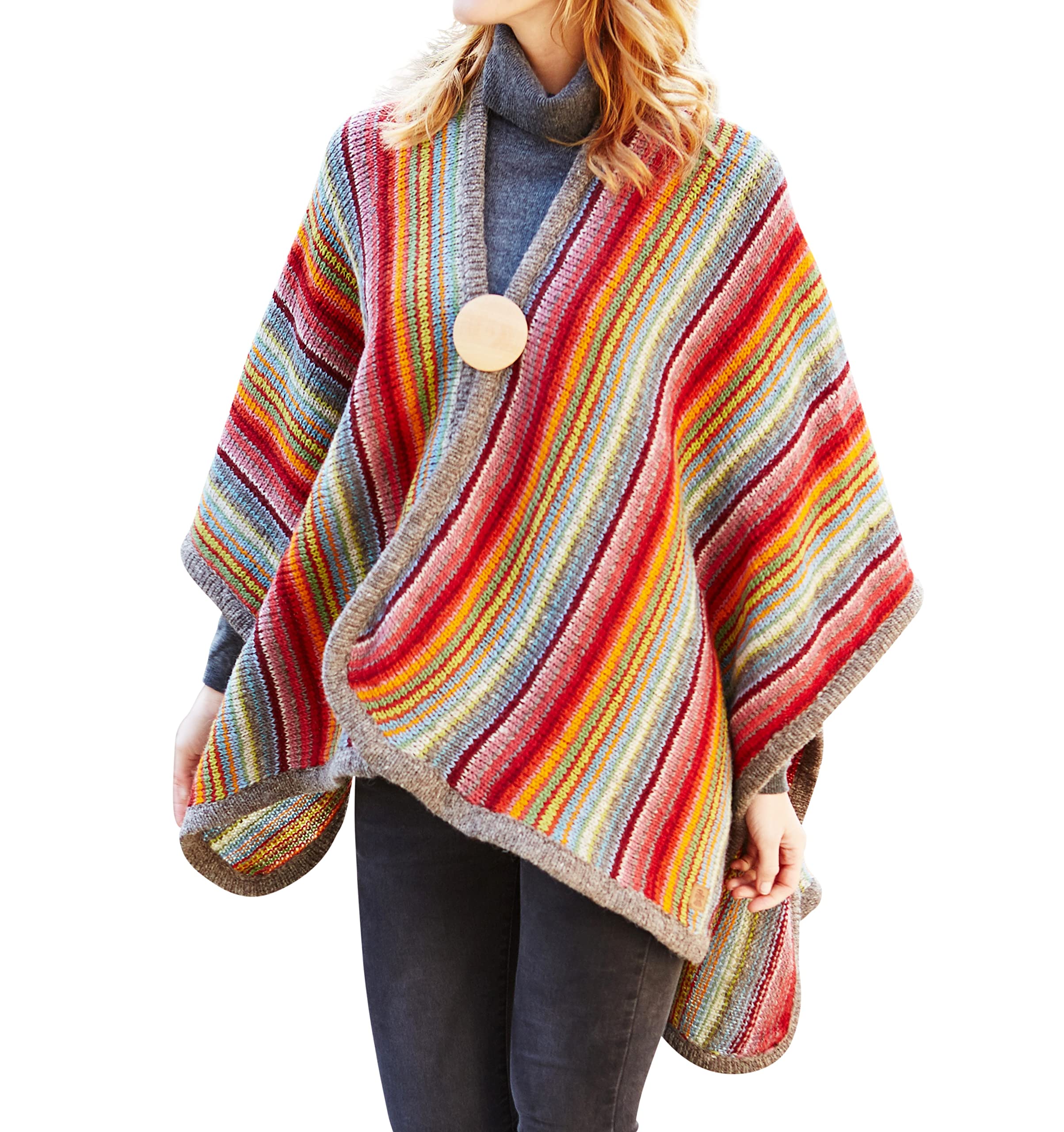 Pachamama Women Wool Wrap Handknitted Multicoloured Stripe One Size Handmade Winter Thermal Extra Warm Shawl Cape Fair Trade