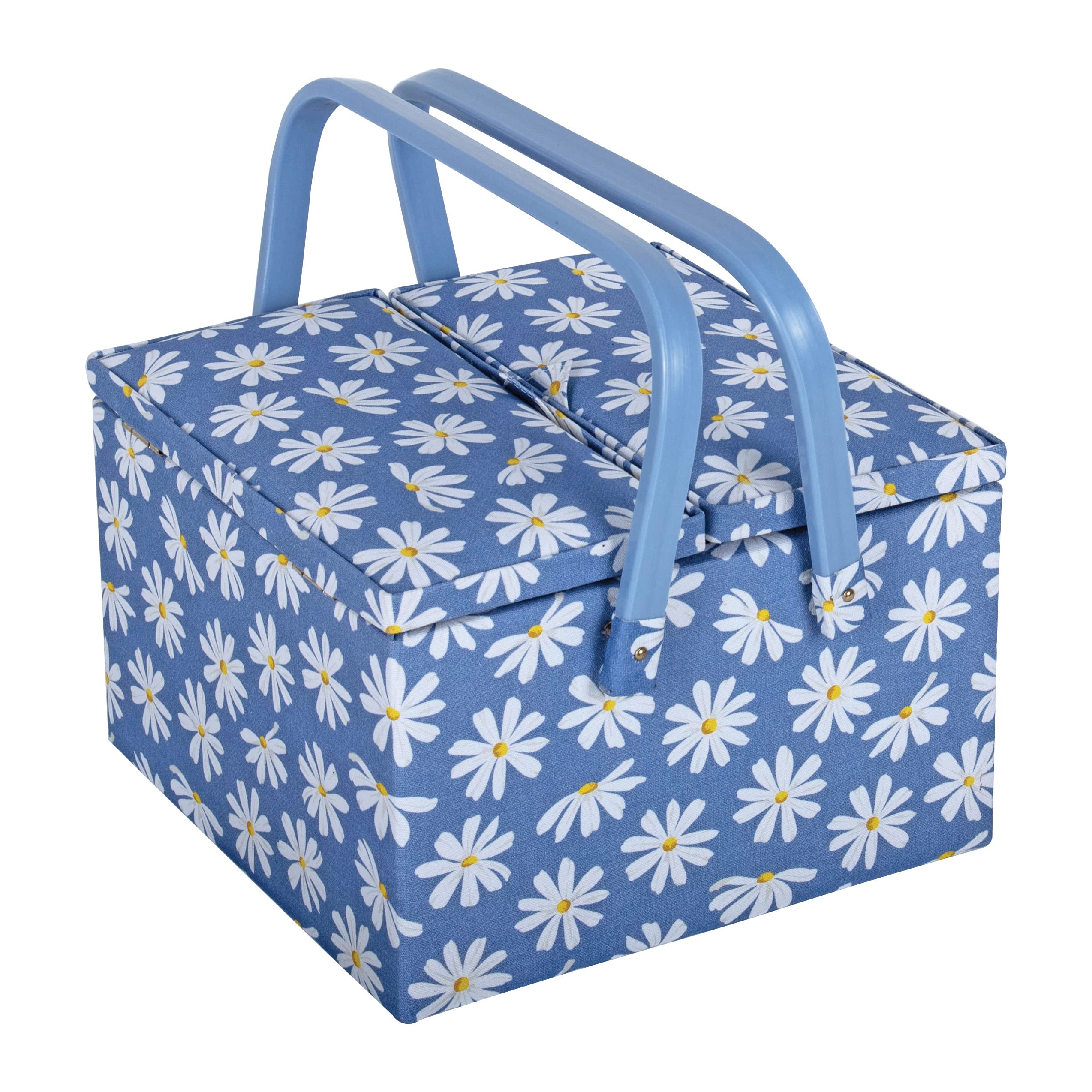 Hobby Gift Large Sewing Craft Hobby Storage Box, Twin Lid, Square, Denim Daisies