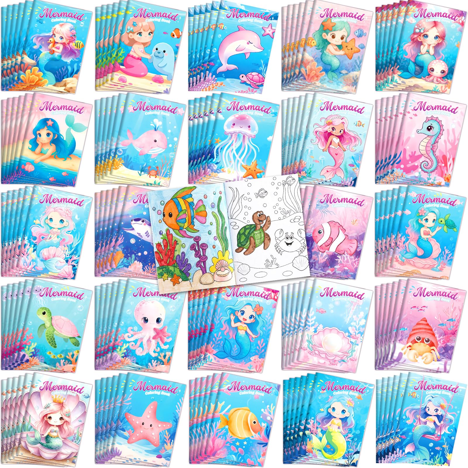 Liliful 144 Pcs Mermaid Coloring Book Bulk Mini Mermaid Theme Drawing Book with Sea Creature Shell Patterns Ocean Party Favors Goodie Bag Filler and Holiday Gifts