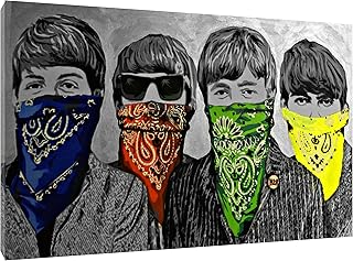 Stampa su tela incorniciata con stampa di Banksy The Beatles Bandanna su sfondo bianco e nero, 12''x 8''inch( 30x 20 cm ) -18mm depth
