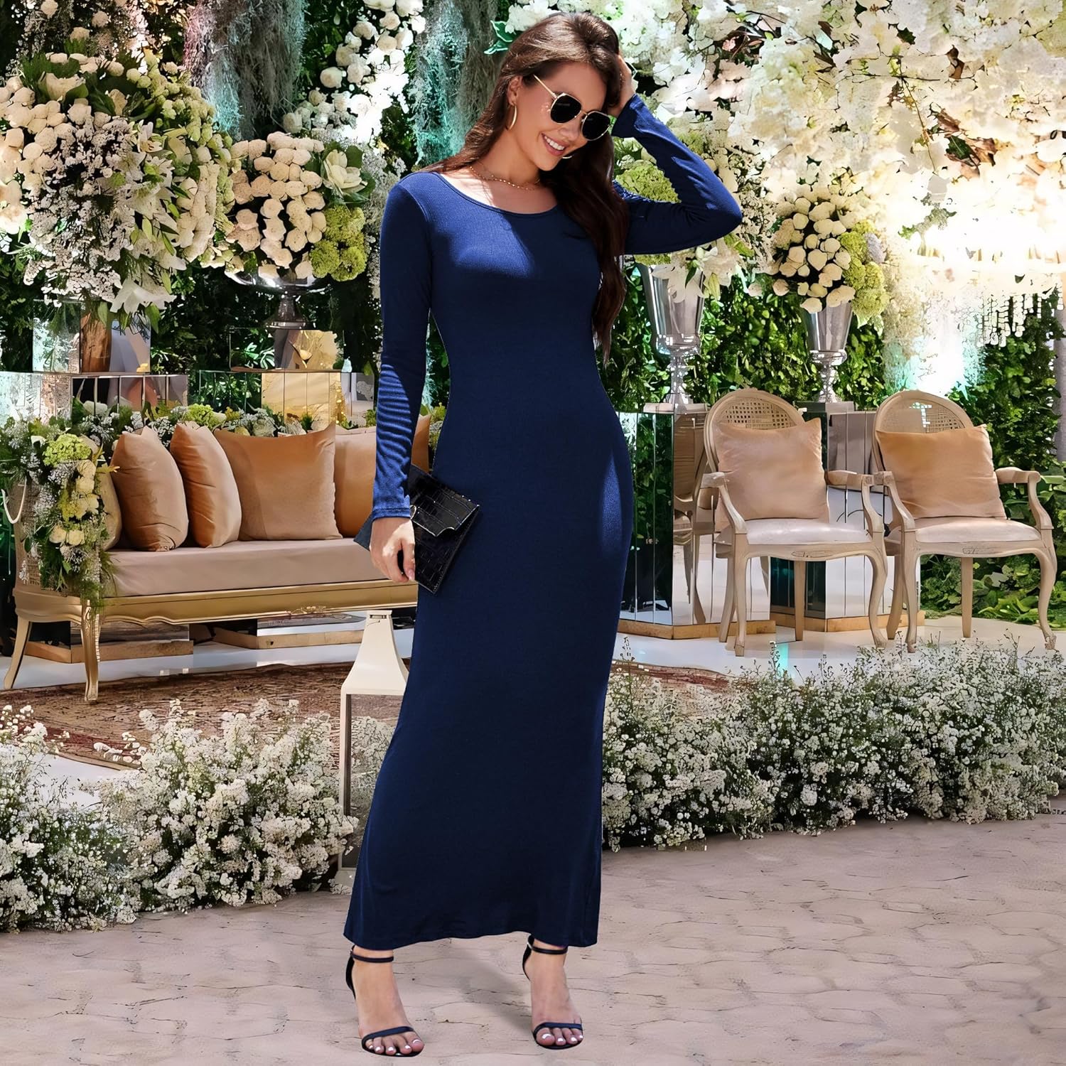 Long Sleeve Maxi Dress for Women Bodycon Ribbed Tight Sexy Long Sleeve Lounge Fall Casual Dresses - Image 2