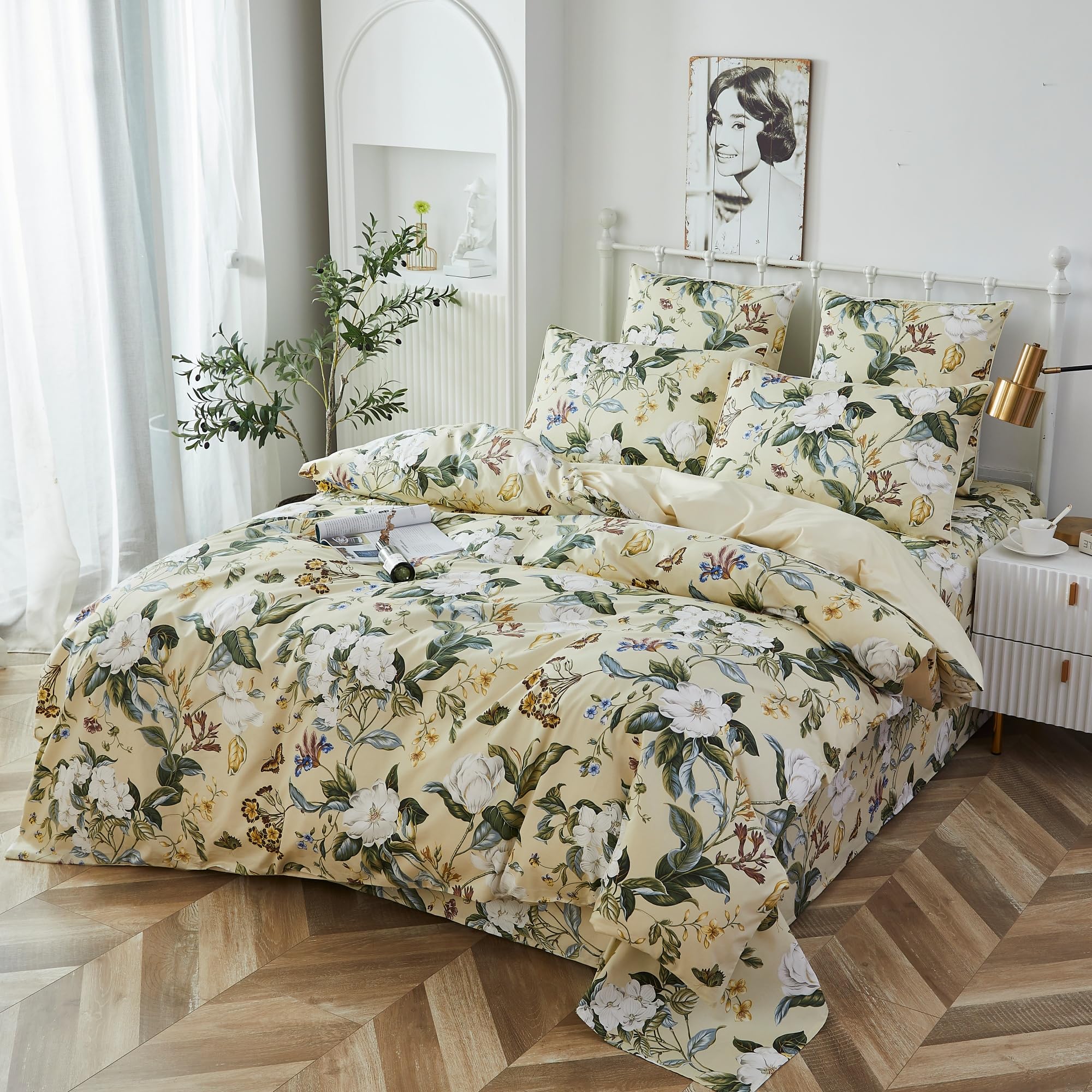 USTIDE Shabby Pastoral Duvet Cover Set Super King 3-Piece Vintage Garden Butterfly Bedding Set 100% Egyptian Cotton Duvet Set
