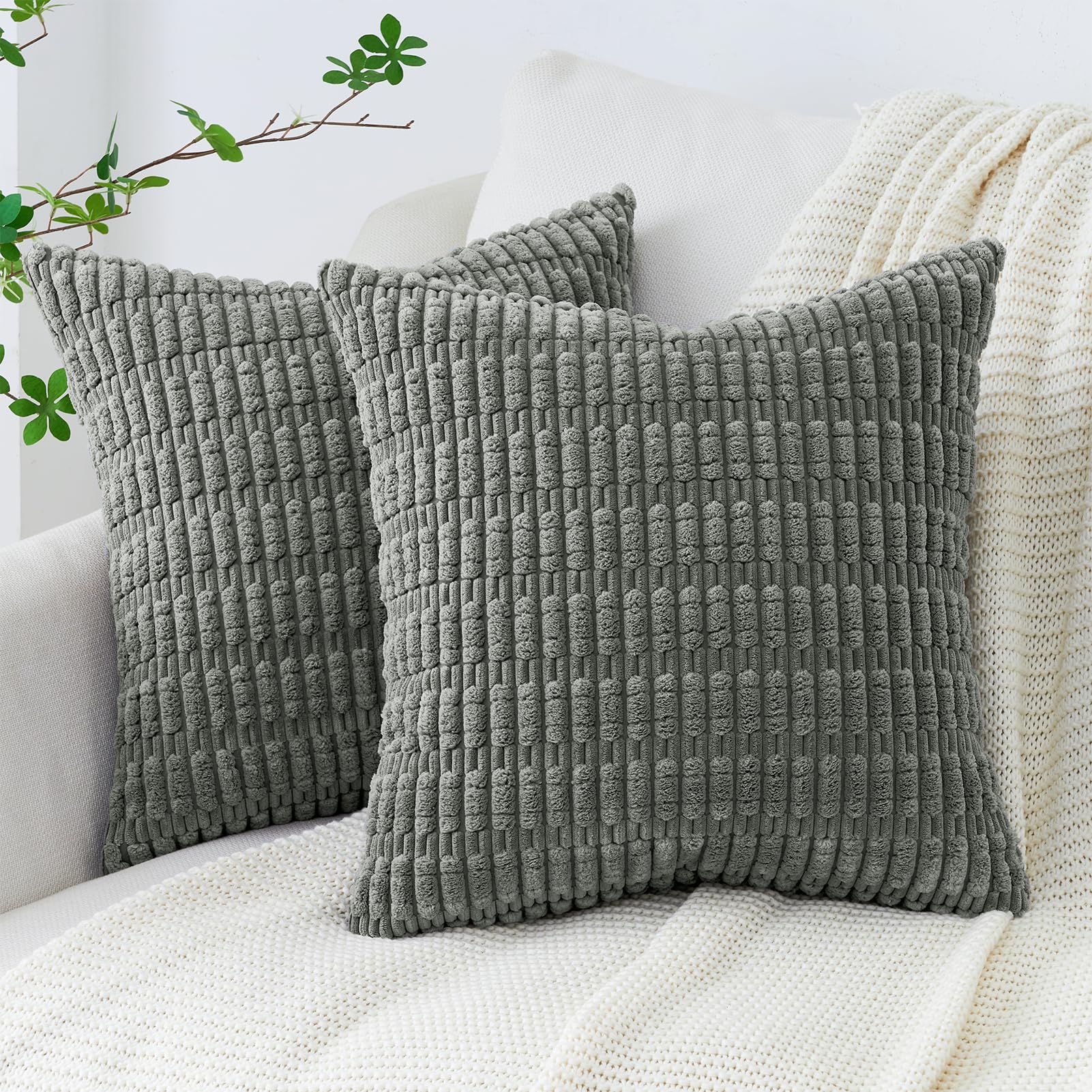 Topfinel Dark Grey Corduroy Cushion Covers 40x40 cm 16x16 Inch Pack of 2 Decorative Throw Pillow Cases with Invisible Zipper Soft Sofa Cushion Covers for Living Room Bedroom Sofa Bed