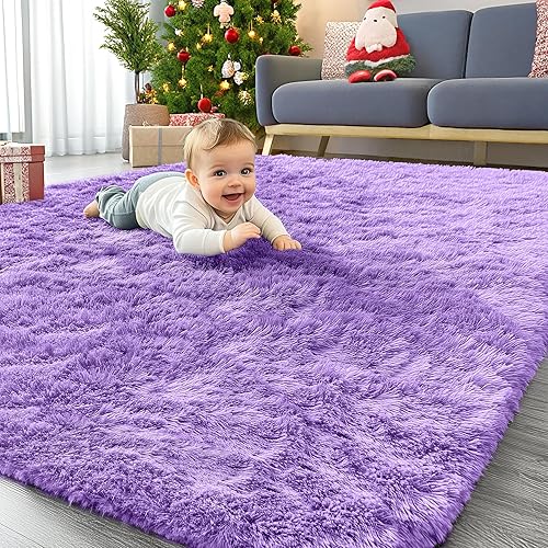 OLANLY Area Rugs for Living Room Bedroom, Machine Washable 4x5.9 ft Soft Fluffy Shaggy Bedside Rug, Indoor Floor Carpet for Kids Girls and Boys, Dorms, Nursery Rooms, Home Decor Aesthetic, Purple