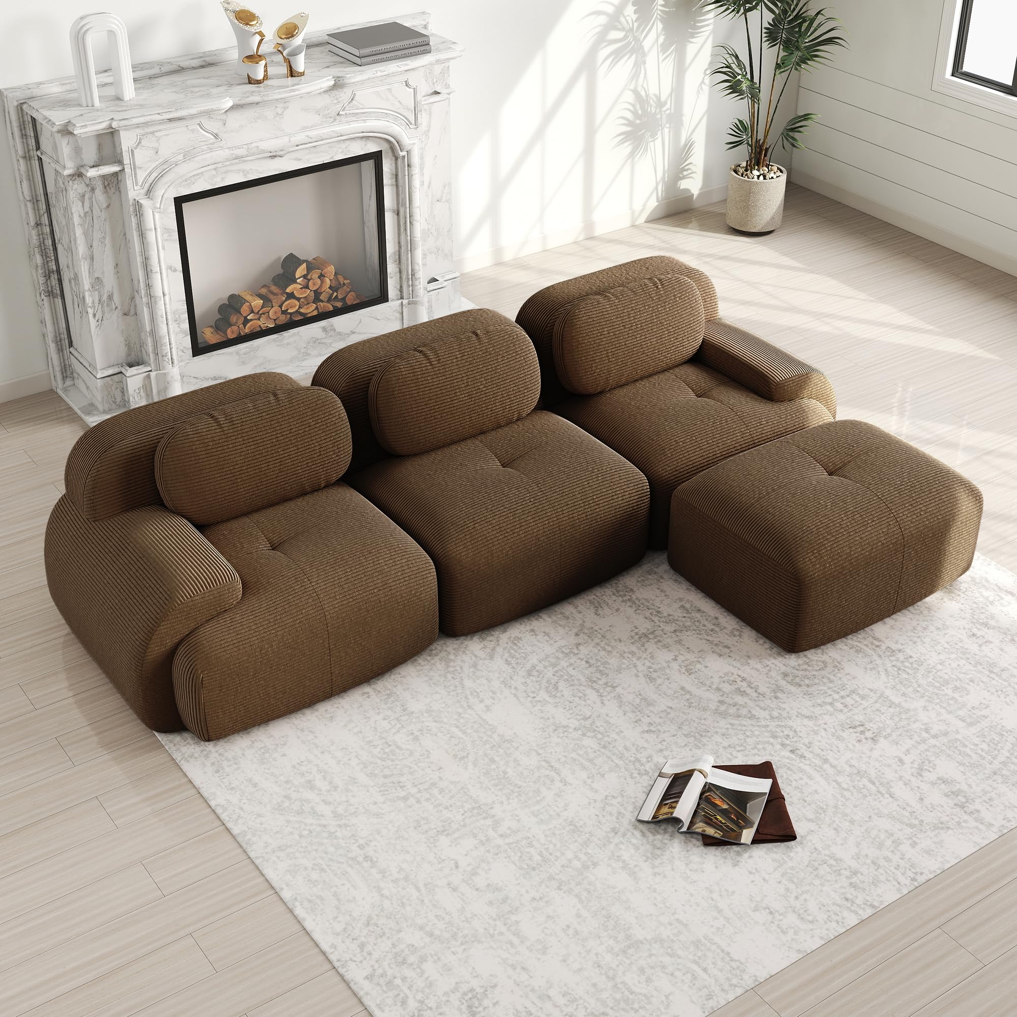Sapgaks Canapé d'angle convertible, canapé de 2 à 4 places, canapé modulable compressible, peut être combiné librement avec accoudoirs et repose-pieds, velours (marron 3 places-L)