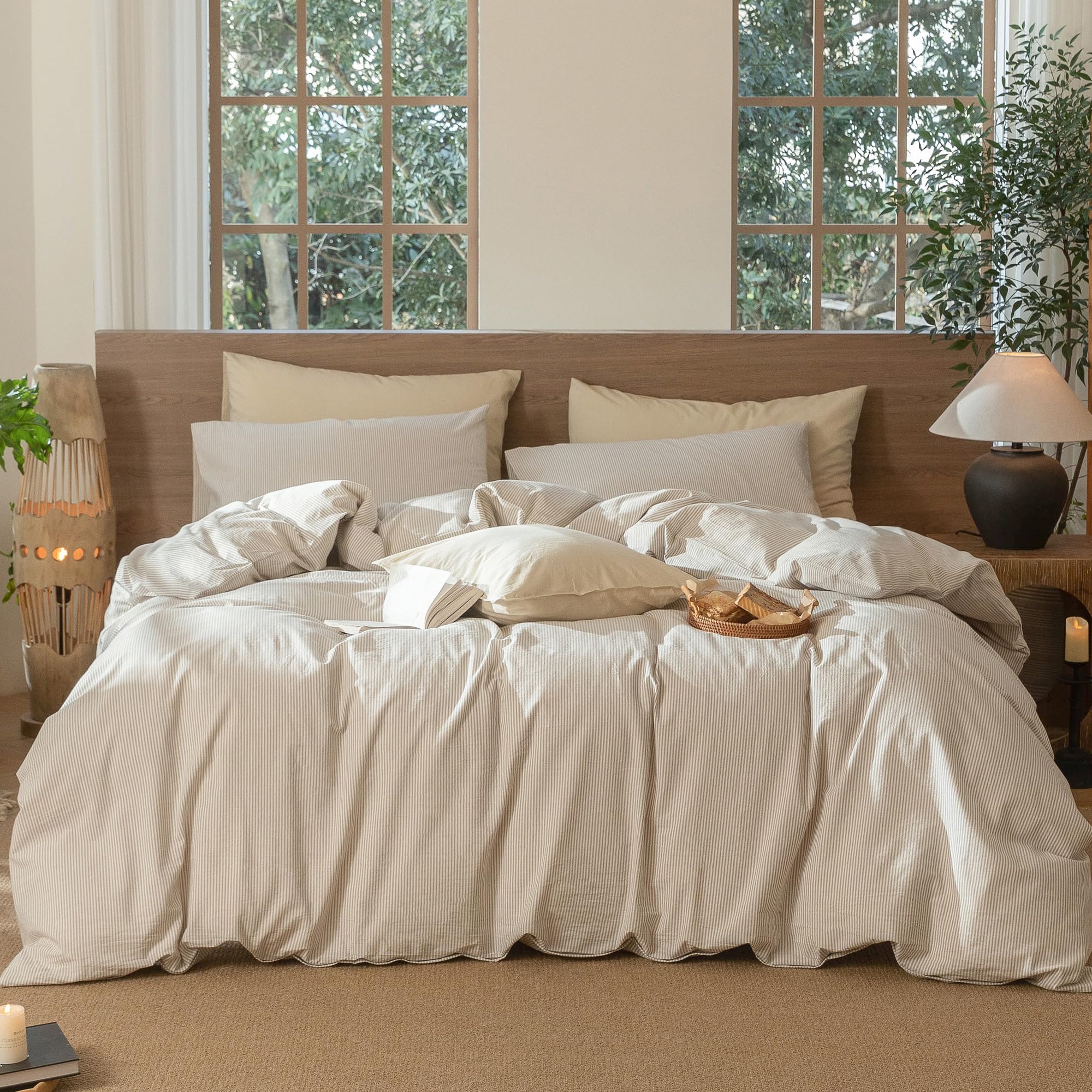 MooMee Striped Duvet Cover Set 100% Washed Cotton Linen Like