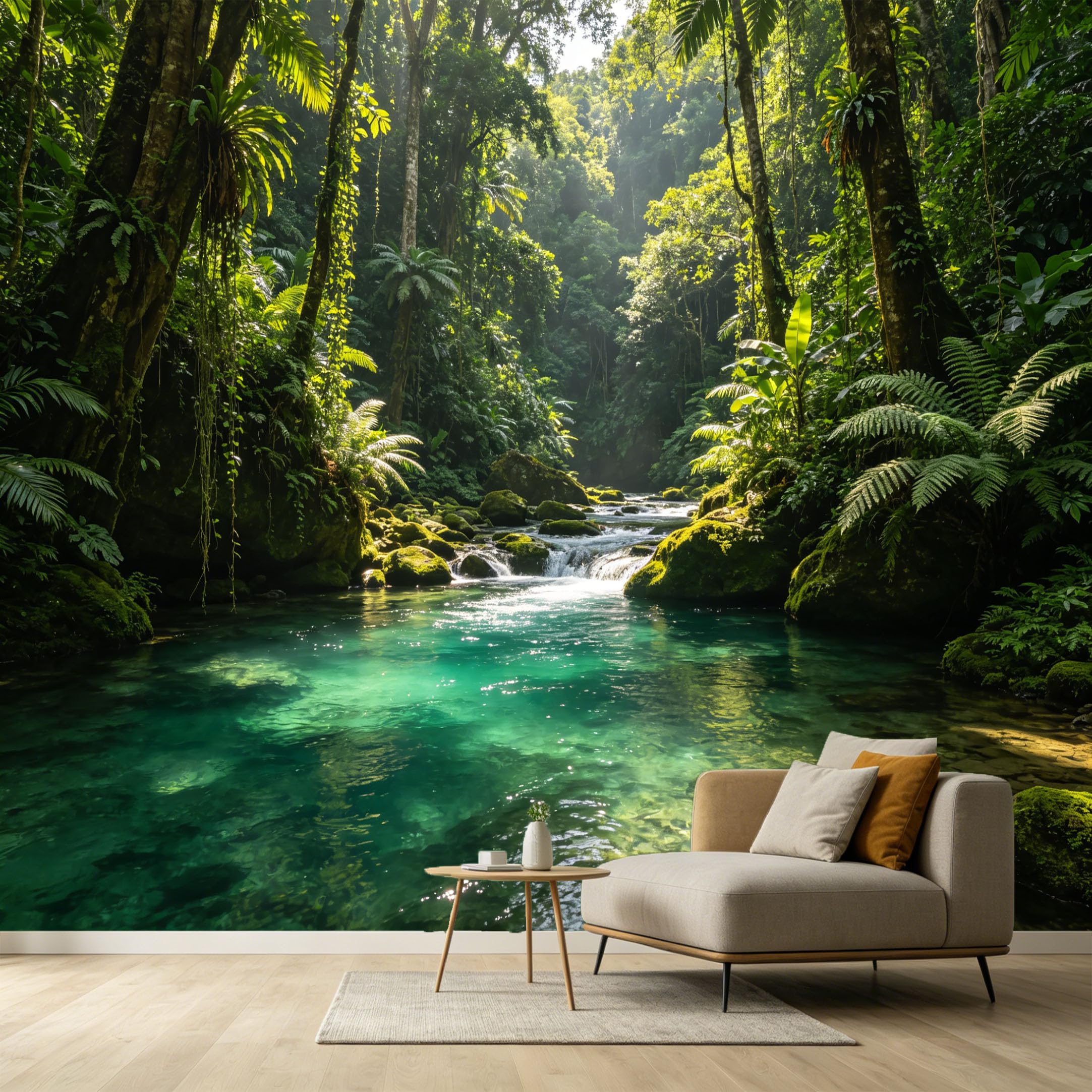Custom Size Wall Murals Tropical Jungle River Landscape Sunlight Fern Palm Leaf SelfAdhesive Wall Fabric Removable Large Wallpaper for Photo Living Room