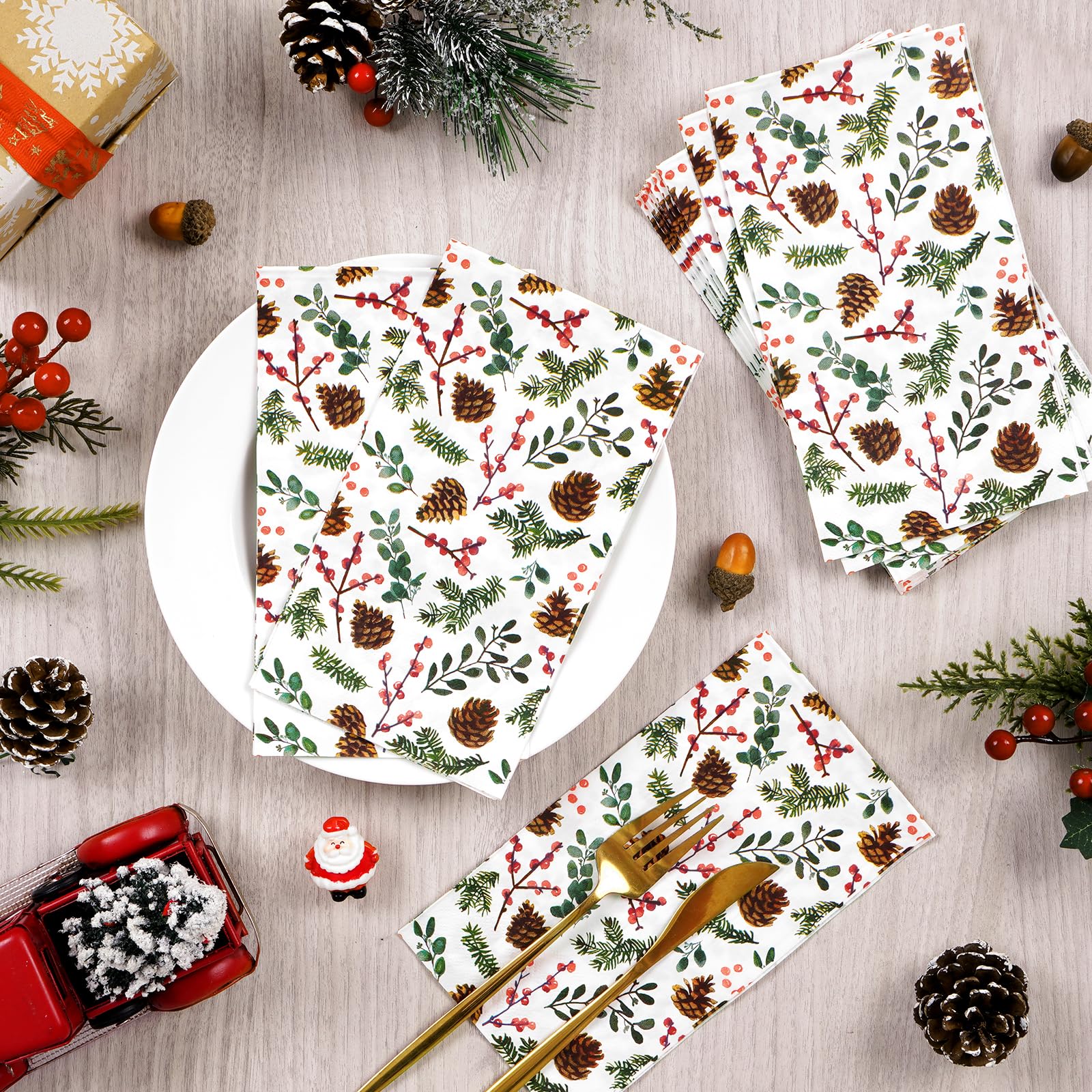 Homlouue Pinecone Berry Napkins - Disposable for Christmas Party Dinner, Winter Holiday, Xmas Dinner Decor