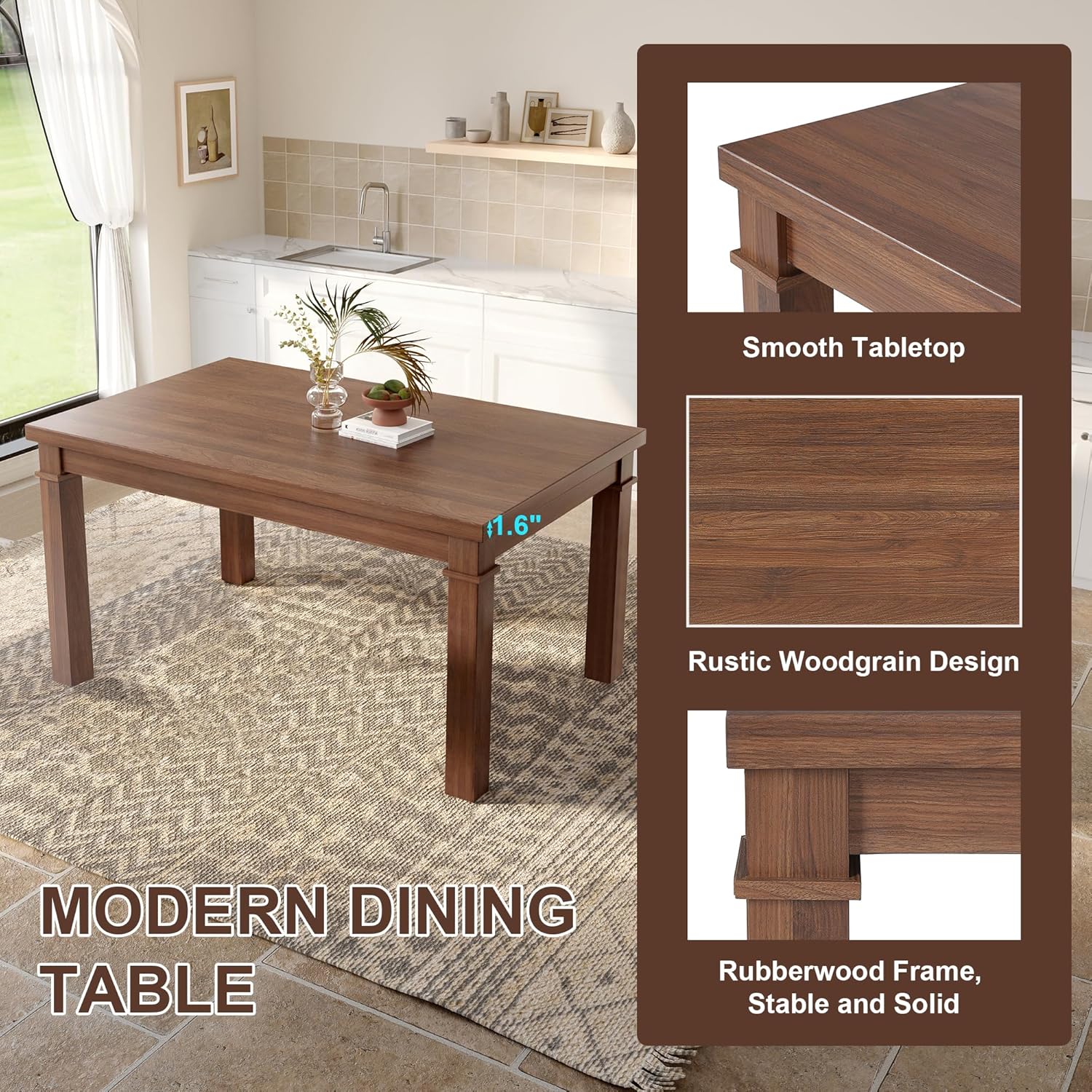 P PURLOVE 6 Piece Dining Table Set, Wood Rectangle Kitchen Table with 4 Upholstered Chairs 1 Bench for Dining Room and Living Room (Walnut)