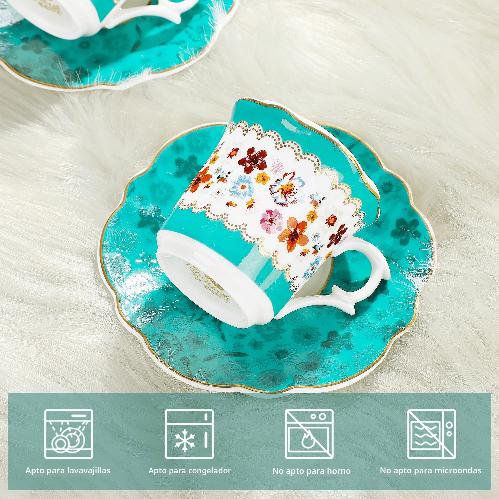 fanquare 80ml tazas de espresso vintage juego de 6, 12 piezas tazas de espresso de cerámica y platillos, verde y patrón de flores tazas para el bar en casa