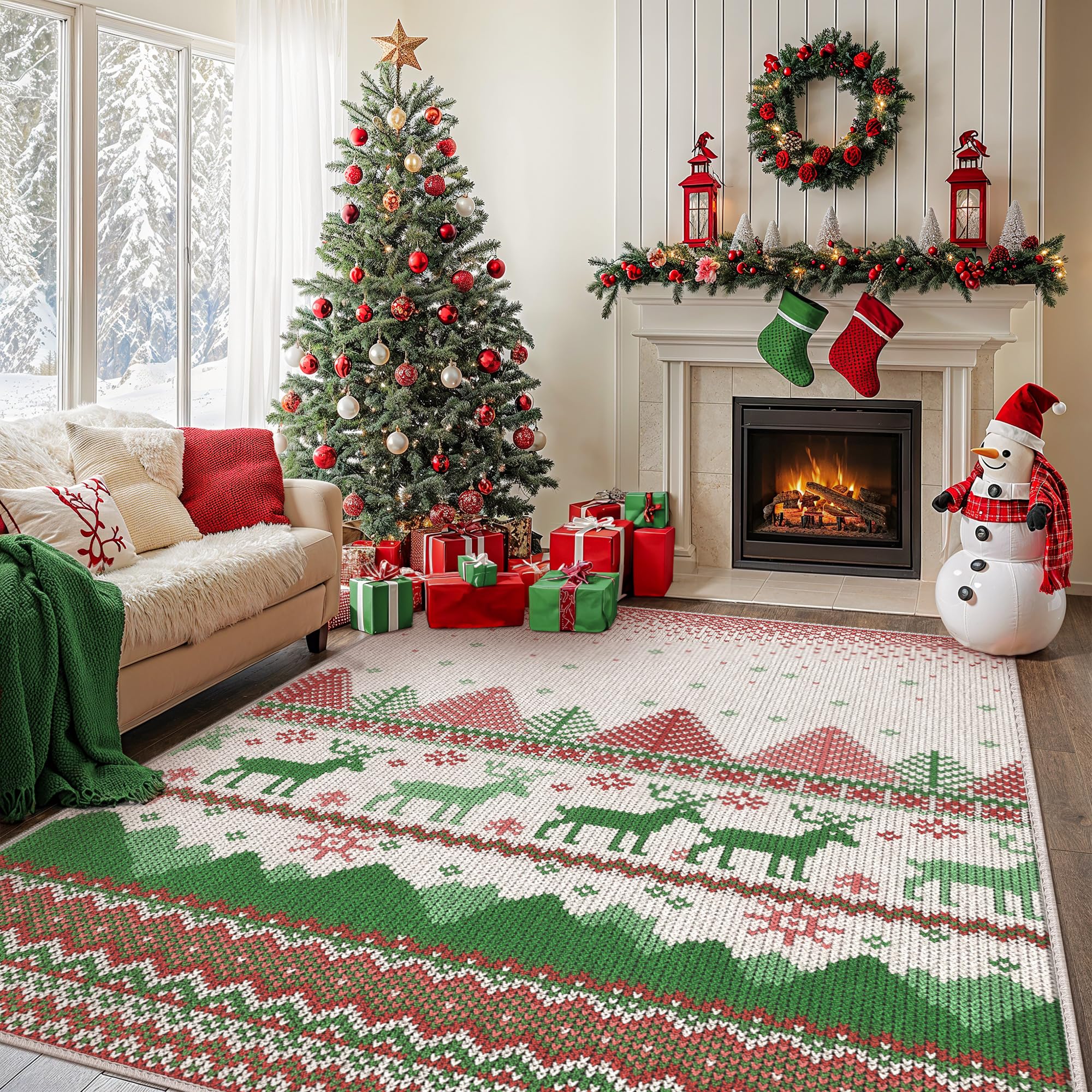 Christmas Area Rug 6x9 for Living Room Bedroom, Machine Washable Rug, Indoor Christmas Home Decor, Holiday Print Red Carpet, Low Pile Non Slip Rug with Rubber Backing, Christmas Deer