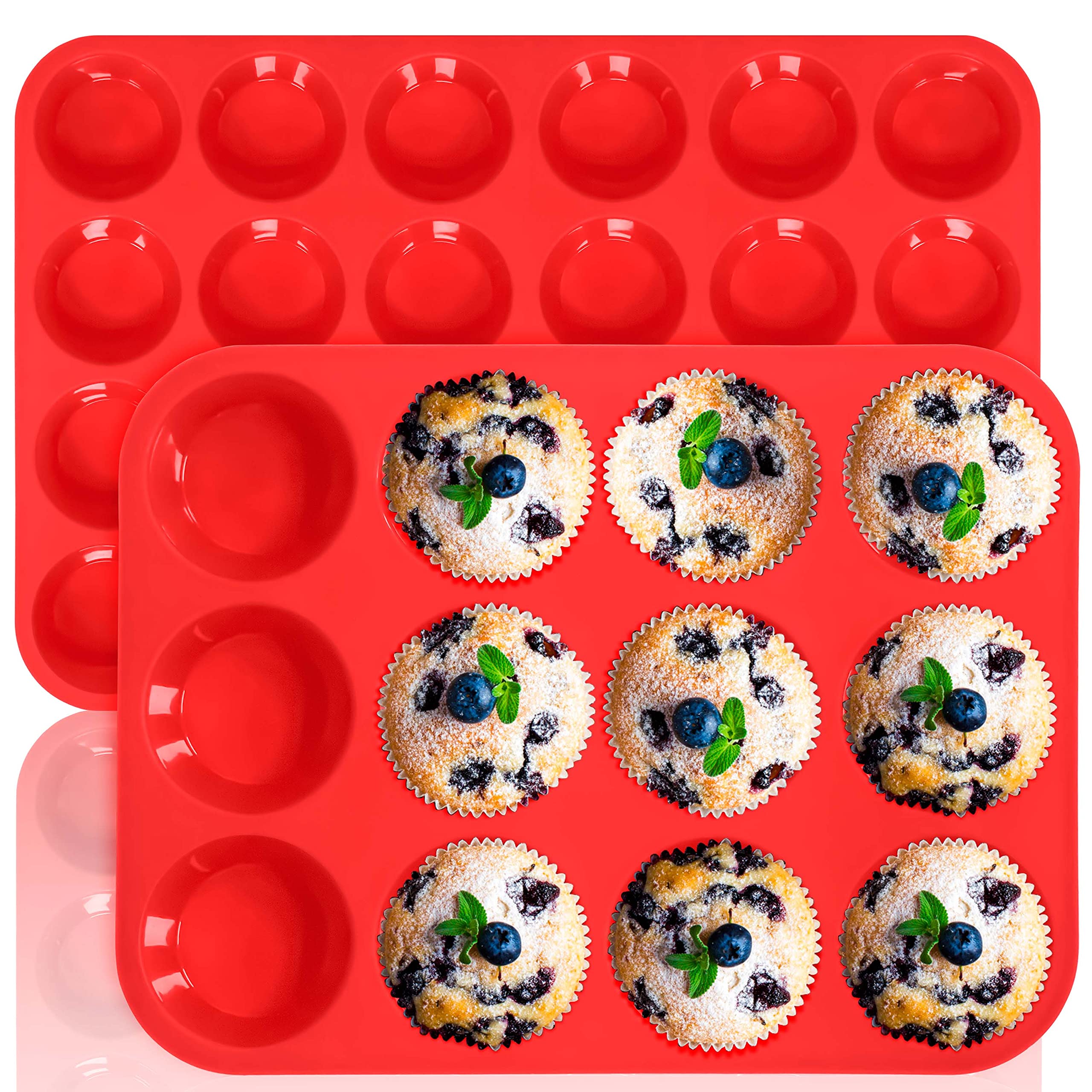 Anaeat Silicone Muffin Pan Set - Regular 12 Cups & Mini 24 Cups Cupcake Baking Molds with Flexible & Non-Sticky, Just Pop Out for Making Muffin Cakes, Cupcake, Chocolate,Tart and Desserts (2 Pack) — image 1