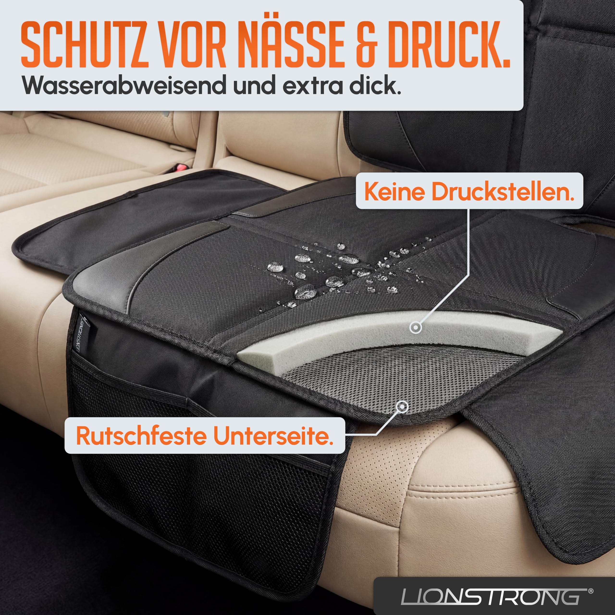 LIONSTRONG® Kindersitzunterlage Autositzschoner [ISOFIX GEEIGNET] - wasserabweisender Polyester Stoff schwarz - Sitzschutz Sitzschoner Auto Kindersitz - universell kompatibel (Schwarz)