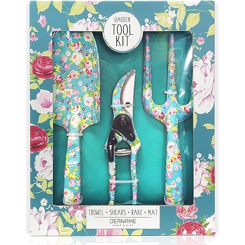 Garden Tool Set Gardening Hand Tools Kit, Floral Sturdy Garden Gifts, 4 PCS Heavy Duty Shovel Kit Including Trowel, Sharp Pruner, Hand Rake, and Mat (Blue Set)