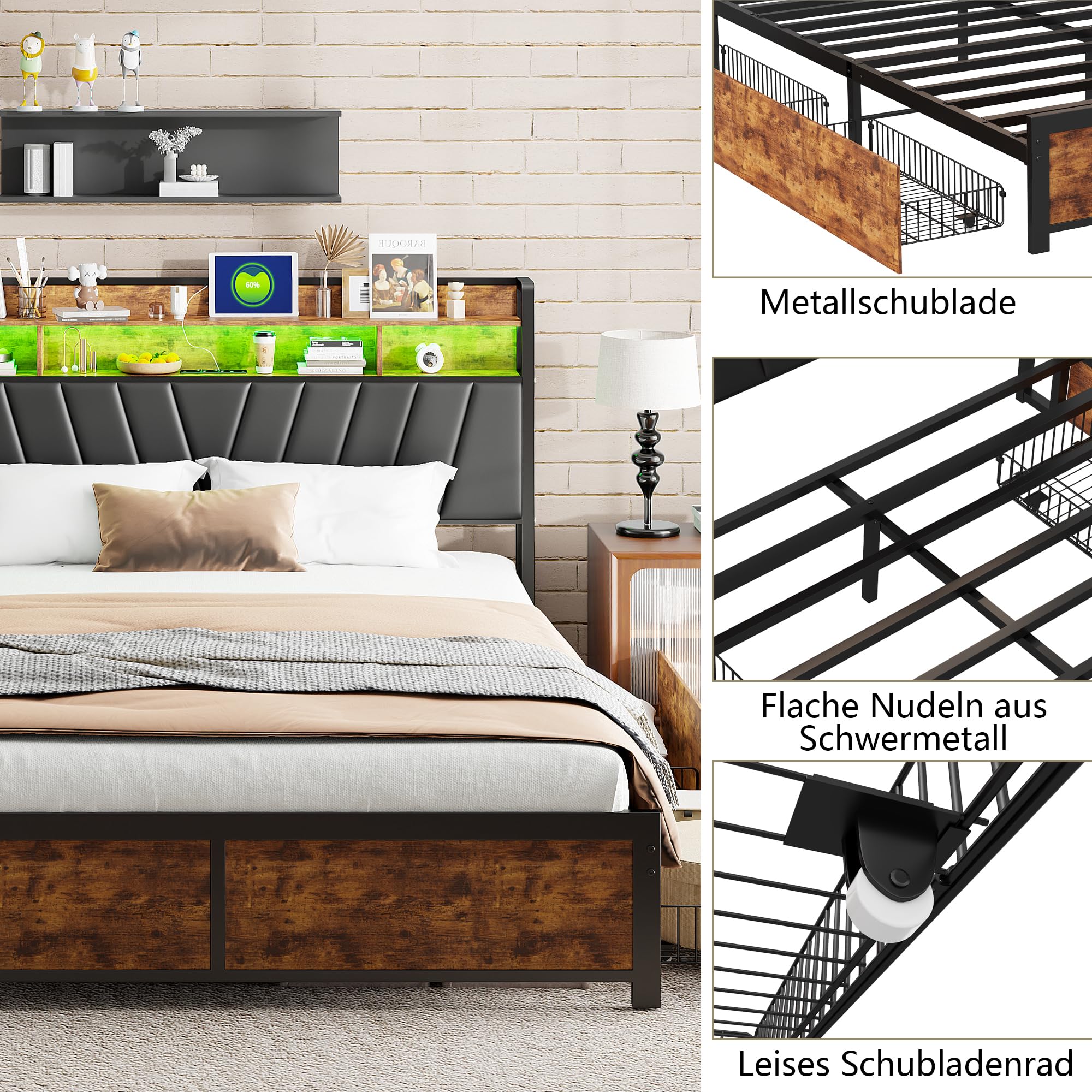 Łóżko podwójne 180 x 200 cm z USB, metalowa rama łóżka z stelażem i zagłówkiem, łóżko do sypialni w stylu vintage, brązowo-czarny, poliuretan, bez materaca (brązowe i