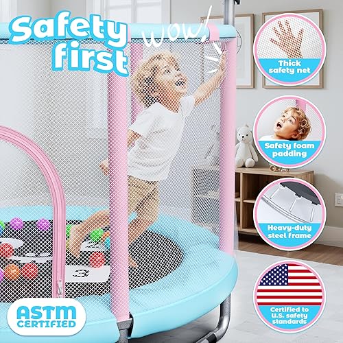 Happin® 55’’ Trampoline for Kids with Safety Enclosure, Indoor & Outdoor Toddler Trampoline, Ultra Safe Design with Multi Activity Accessories,