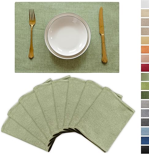 Demetex Juego de 8 manteles individuales de tela verde resistentes al calor, manteles individuales de lino lavables para mesas de cocina y comedor,