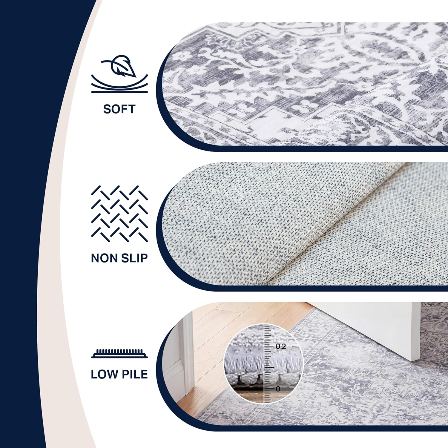 JONATHAN Y Ultra-Soft Machine-Washable Rug with Non-Skid Backing, Light Gray/Ivory 2'x8' Eleanor Vintage Medallion Border, Non-Shedding, Velvet Luxury Feel for Living Room, Dining Room, Bedroom