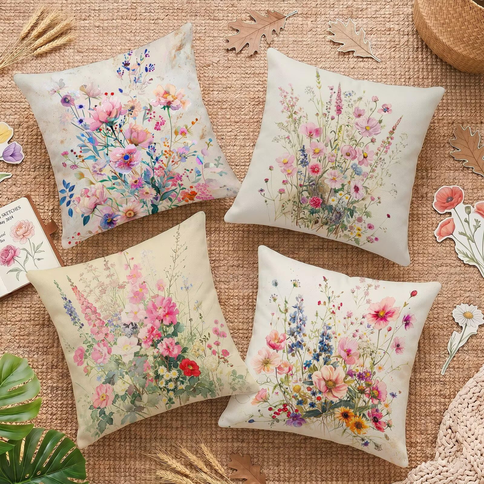 Housse de coussin 45x45 en lin rose imperméable lot de 4