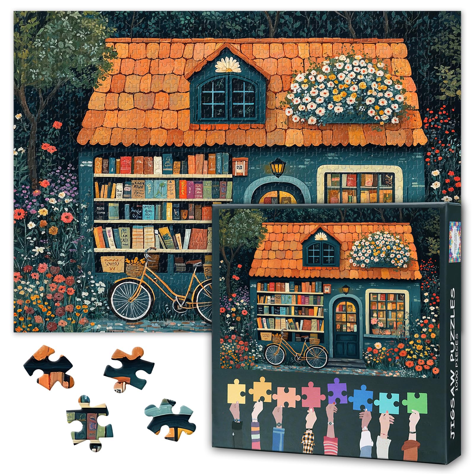 Bookstore Puzzles for Adults 1000 Pieces, Yellow Bicycle Jigsaw Puzzles, Adult Puzzle for Adults, Educational Fun Games or Toys for Elders Friends 20X27 INCH