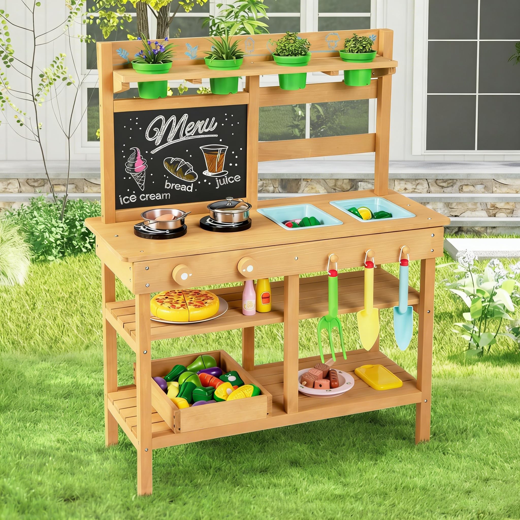 DREAMADE Matschküche Kinder Outdoor, Kinderküche mit abnehmbaren Spülen, Tafel, Herd, Blumentöpfen & Gartenwerkzeugen, Spielküche Holz, Outdoor Küche für Jungen & Mädchen ab 3 Jahren
