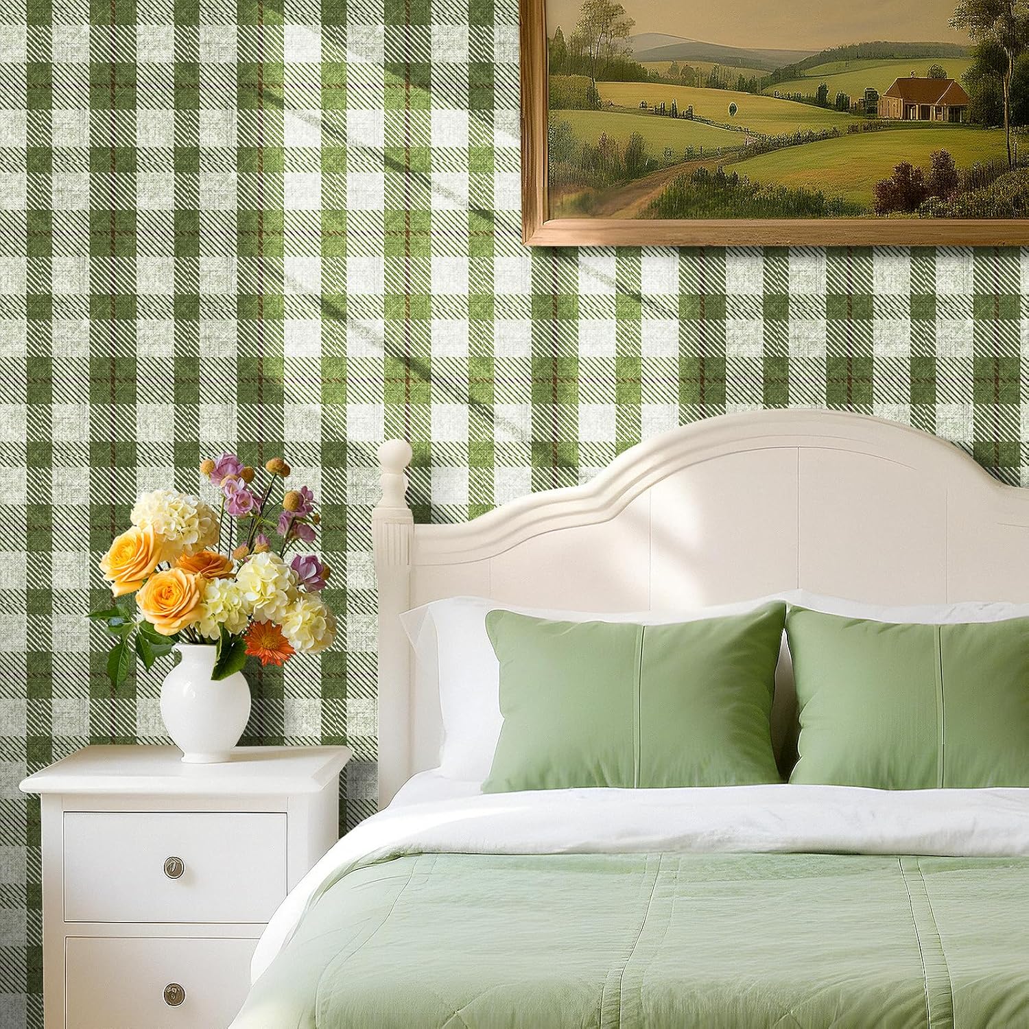 Livelynine Green Plaid Wallpaper Peel and Stick Farmhouse French Country Linen Dark Green Gingham Wallpaper Roll Prepasted 17.5x78.8 Removable Sage Plaid Contact Paper for Drawers Adhesive Checkered