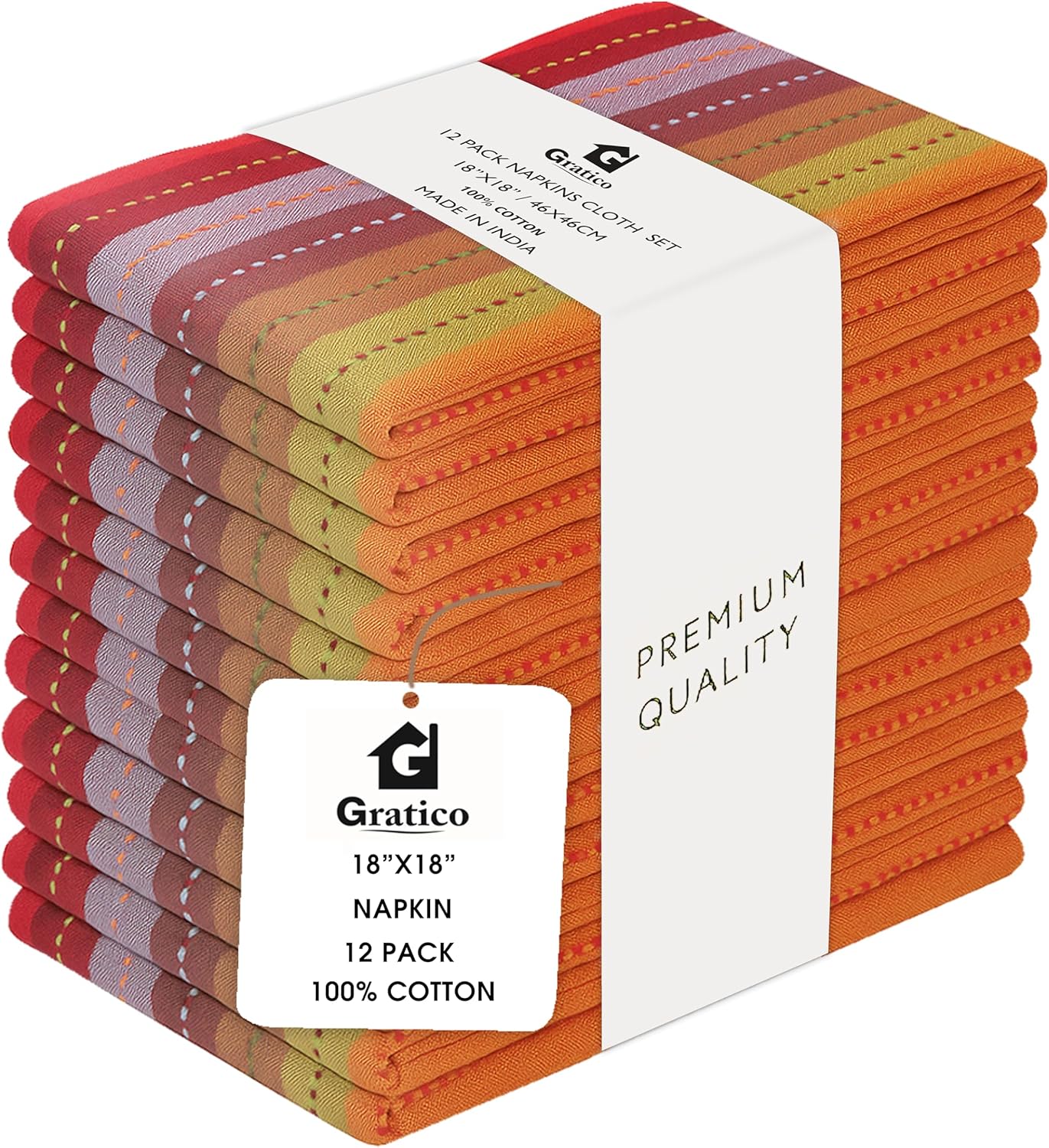 Dinner Cloth Napkins Set of 12 Red Multicolor Stripes 18x18 Inches, Premium Ultra Soft Cotton Hotel Quality, Resuable & Washble Dinner Table Napkins with Mitered Corner for Home & Wedding