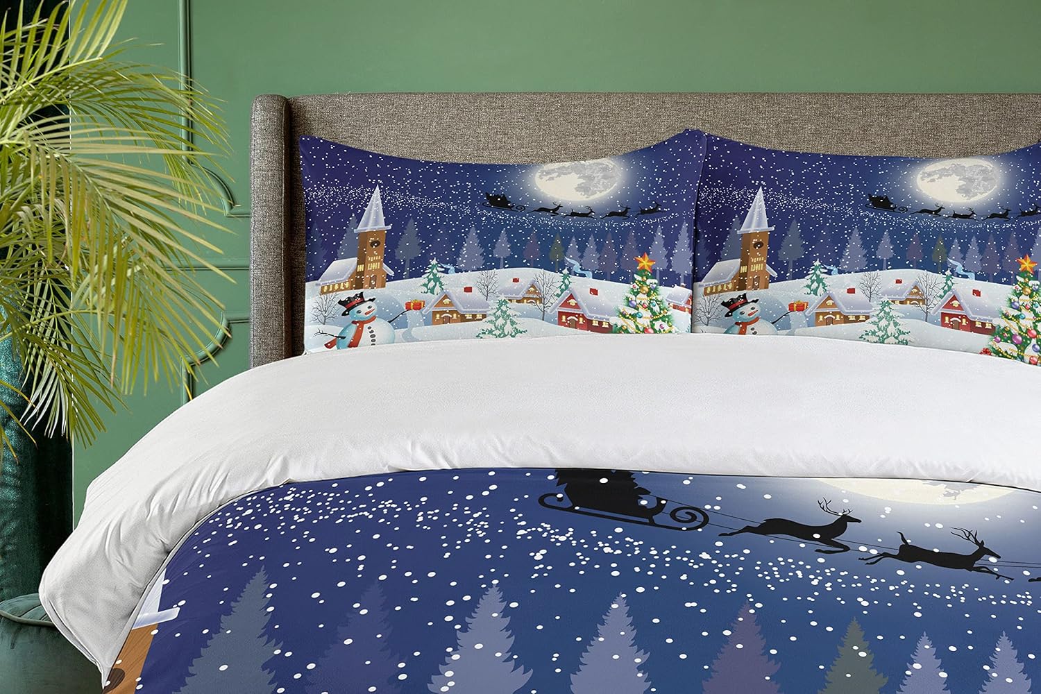 Ambesonne Christmas Duvet Cover Set, Winter Season Snowman Xmas Tree Santa Sleigh Moon Present Boxes Snow and Stars, Decorative 3 Piece Bedding Set with 2 Pillow Shams, King Size, White Blue King White Blue