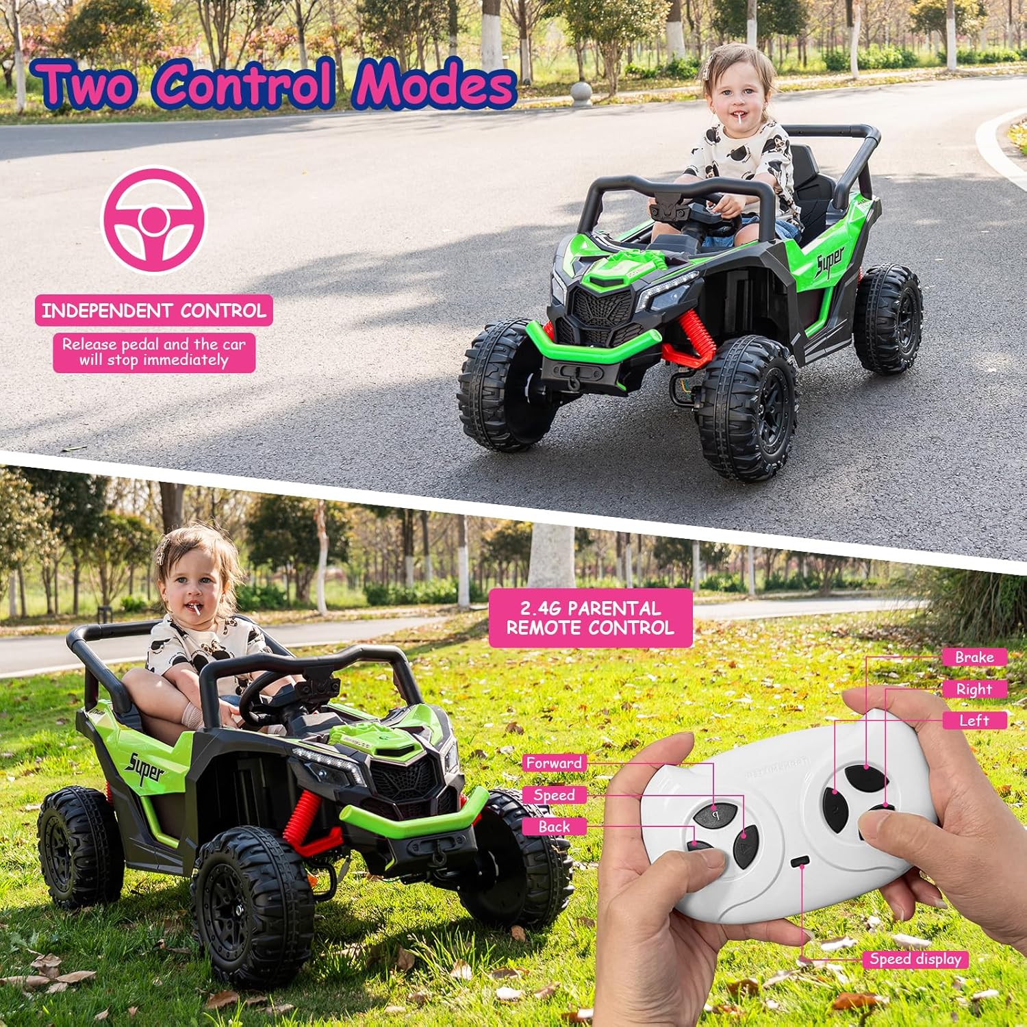 Run Fast 12v Ride on Car with Parent Remote Control,Electric Ride on UTV Toys Car for Kids 3-5,2WD 25W Motors,4 Spring Suspension,Safety Belt,Horn,Music and LED Lights (Green, 12V)