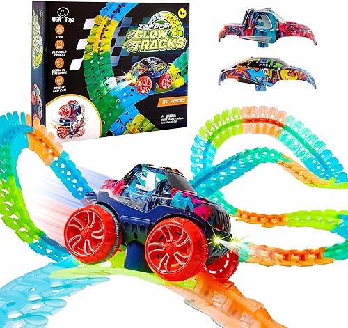 Miniatura 7 de USA Toyz Zero-G Glow - Pista de carreras para niños, 150 piezas que brillan en la oscuridad flexible con ventosas, auto de ranura, 2 carcasas de