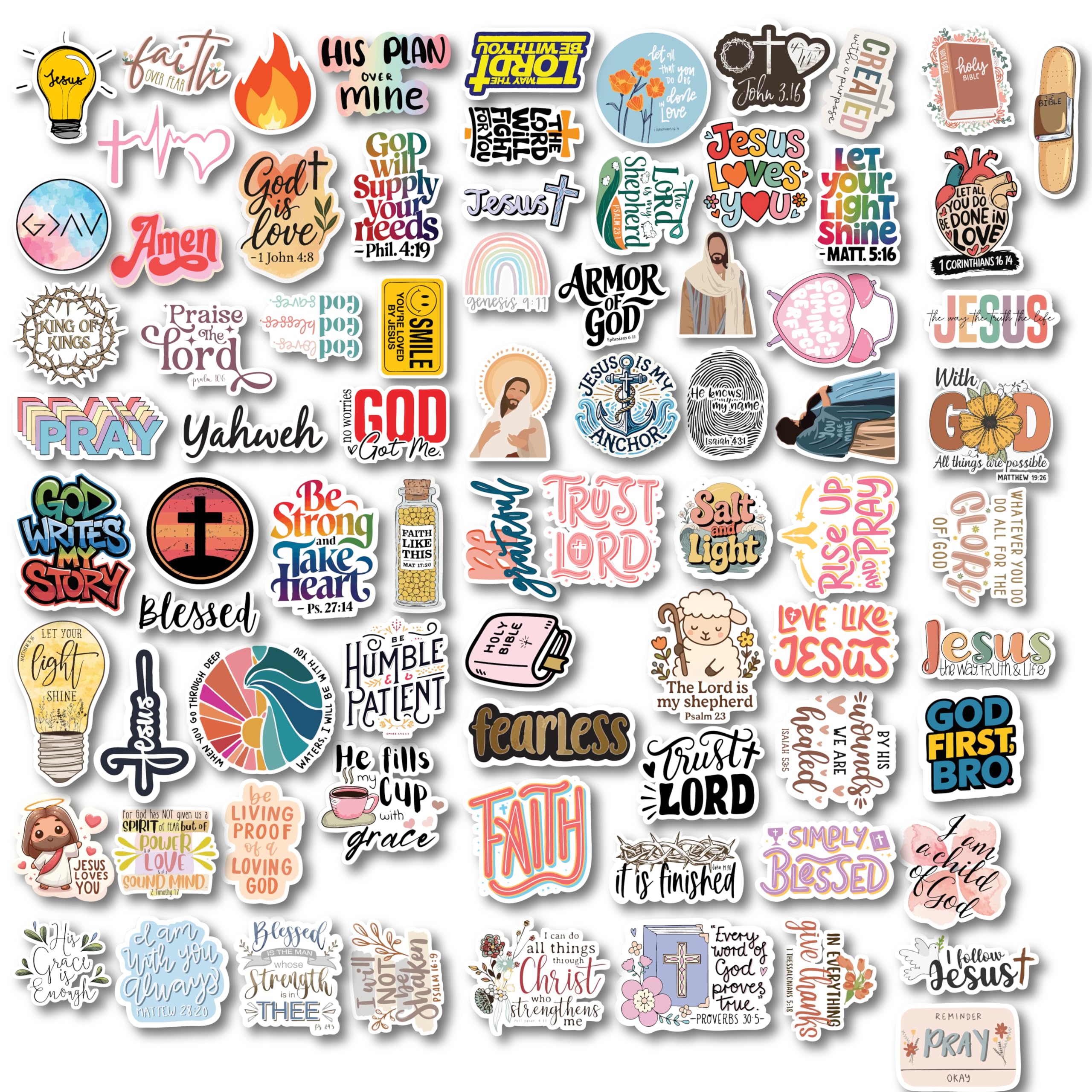 d2c christian aesthetic glitter stickers pack | 87 waterproof vinyl bible verse & jesus stickers for laptop, phone, bottle, notebook, scrapbook | glitter lamination | multicolor