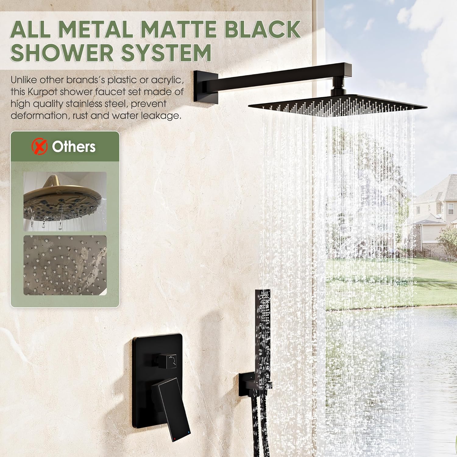 Kurpot Black Shower System, Wall Mounted Shower Faucet Set with Valve, 10-Inch Rainfall Shower Head with Handheld Combo Spray, 59'' Long Shower Hose and Shower Trim Kit, Matte Black