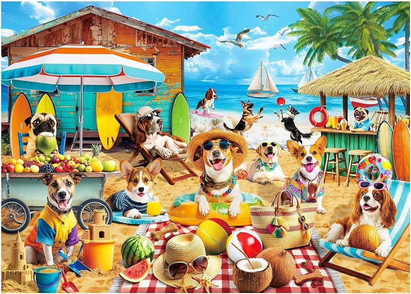 BenBen Puzzles for Adults 500 Pieces, Dogs on Vacation, Patterned Back