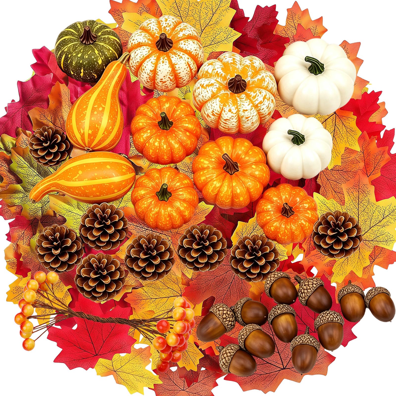 ATBEAMEN 141Pcs Autumn Decorations Set, Artificial Pumpkins, Maple Leaves, Berries, Acorns and Pine Cones for Halloween Table, Harvest and Fall Home Holiday Decor