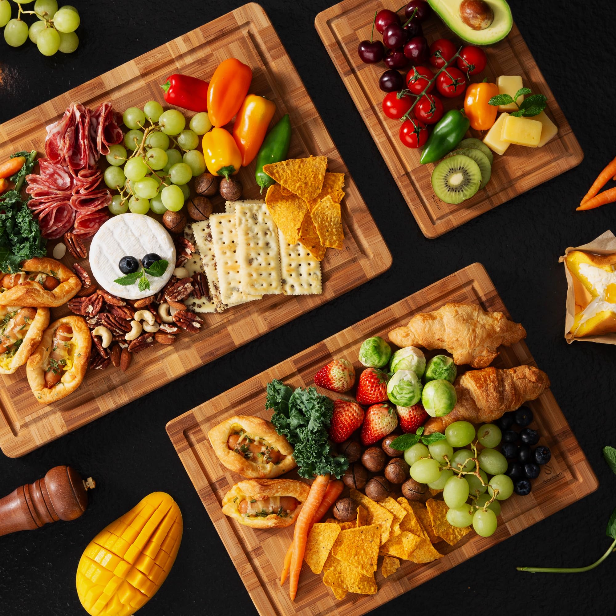 Juego de 3 tablas de cortar de bambú resistentes antideslizantes sobre el fregadero, bonita tabla de cortar de madera gruesa de grano sólido con ranura para jugo, extra grande, grande, pequeña, la