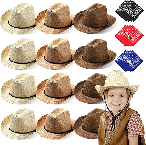 SATINIOR Juego de 12 sombreros de vaquero de paja para niños con bandanas, disfraz de vaquero para fiesta occidental, disfraz de niño
