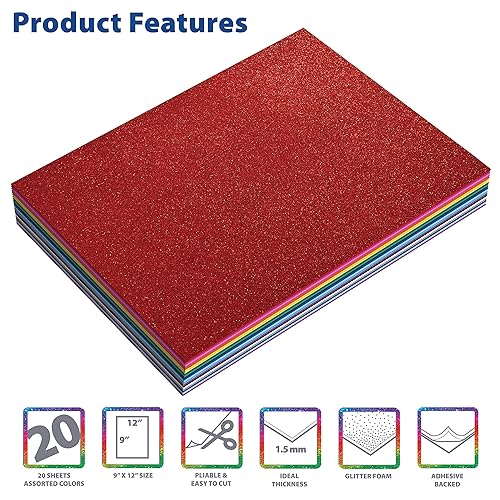 Miniatura 3 de Better Office Products - Paquete de 20 hojas de espuma con purpurina con respaldo adhesivo, 9 x 12 pulgadas, 20 colores surtidos, para artes y