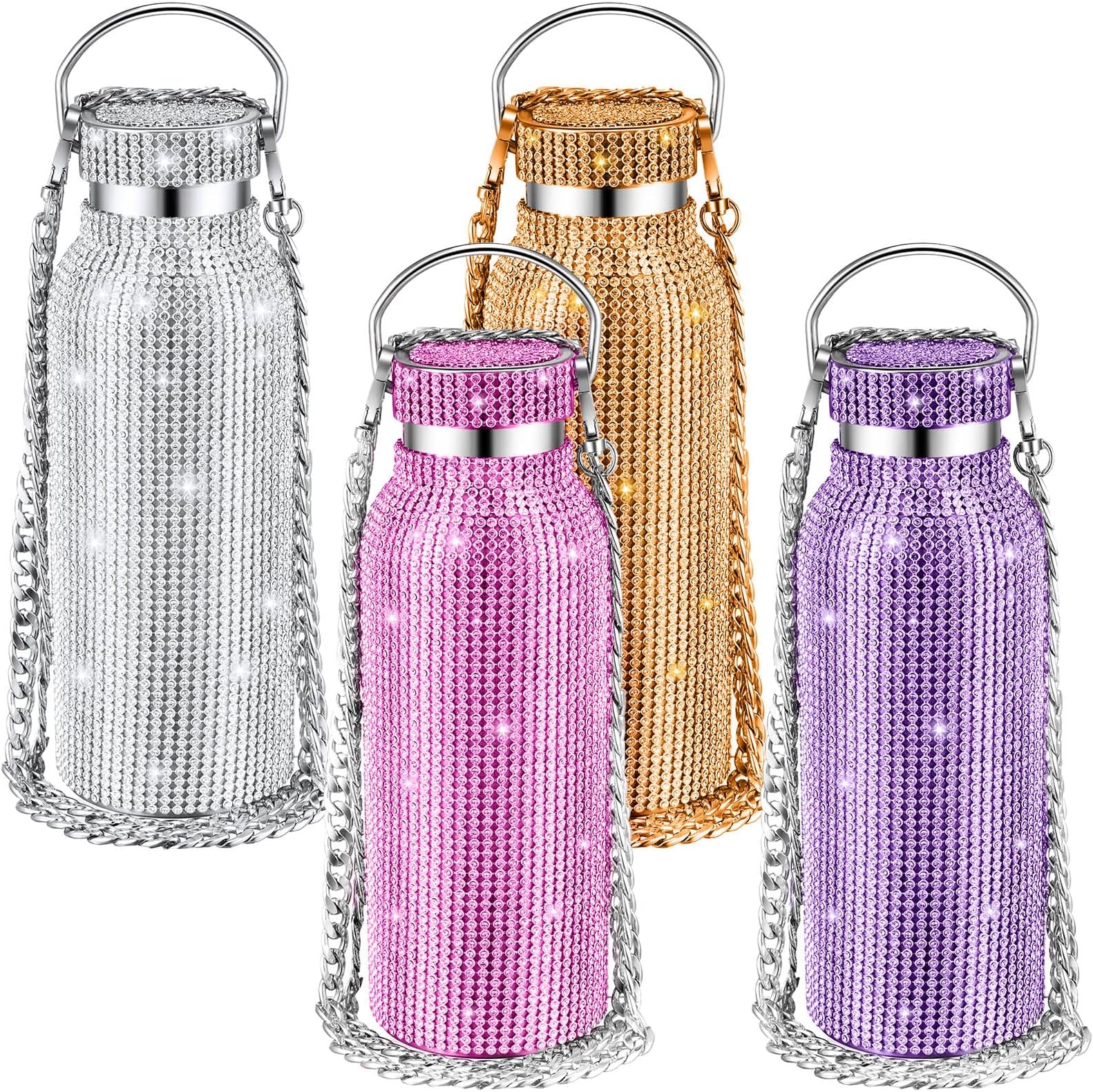Mimorou 4 Pcs Diamond Water Bottle with Chain Bling Rhinestone Bottles Bulk Glitter Stainless Steel Water Bottle Sparkling Diamond Refillable Insulated thermal Bottle (17 oz)