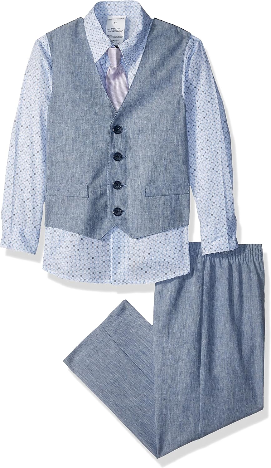 Van Heusen Boys' Toddler 4-Piece Formal Suit Set, Vest, Pants, Collared Dress Shirt, and Tie, Linen Blue Hydrangea, 2T