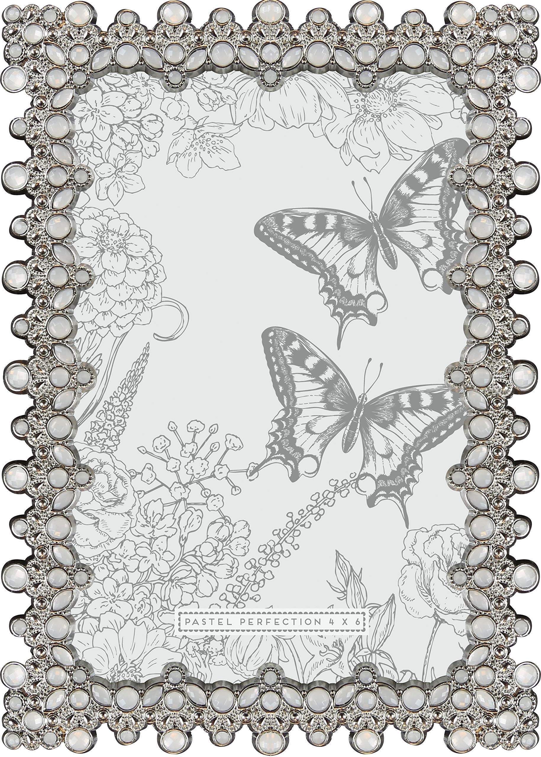 Parisian Home Pastel Perfection 4" x 6" in. Picture Frame for Home, Living Room, Photo, Bedroom, Girls, Women, Silver and White Jewels