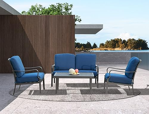 Miniatura 9 de Domi Outdoor - Juego de comedor de patio de 7 piezas, mesa de comedor de metal, sillas giratorias y de comedor, juego de conversación con cojines