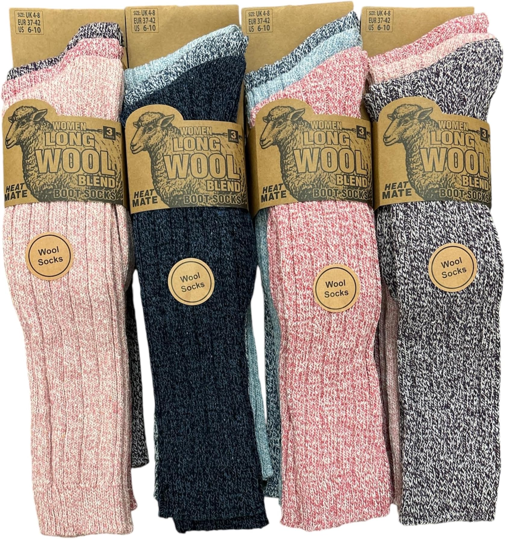 3 Pairs Ladies Soft Thermal Premium Quality Long Wool Blend Boot Socks Mix Colours Size UK 4-8 EU 37-42