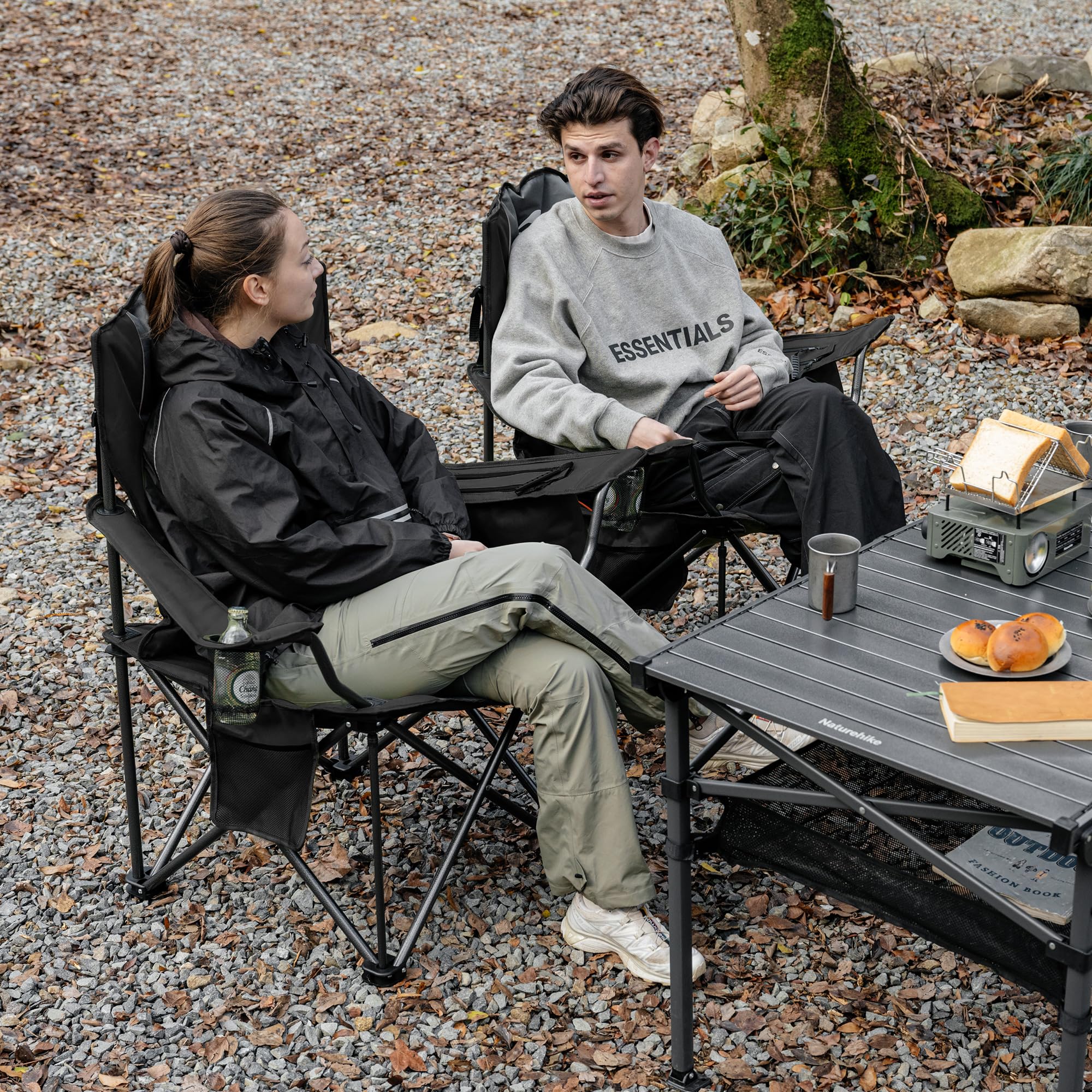 Naturehike 2 sillas de camping portátiles plegables de 200 kg, acolchadas, con soporte para bebidas, silla de pesca, pícnic, jardín, exterior, playa (negro)