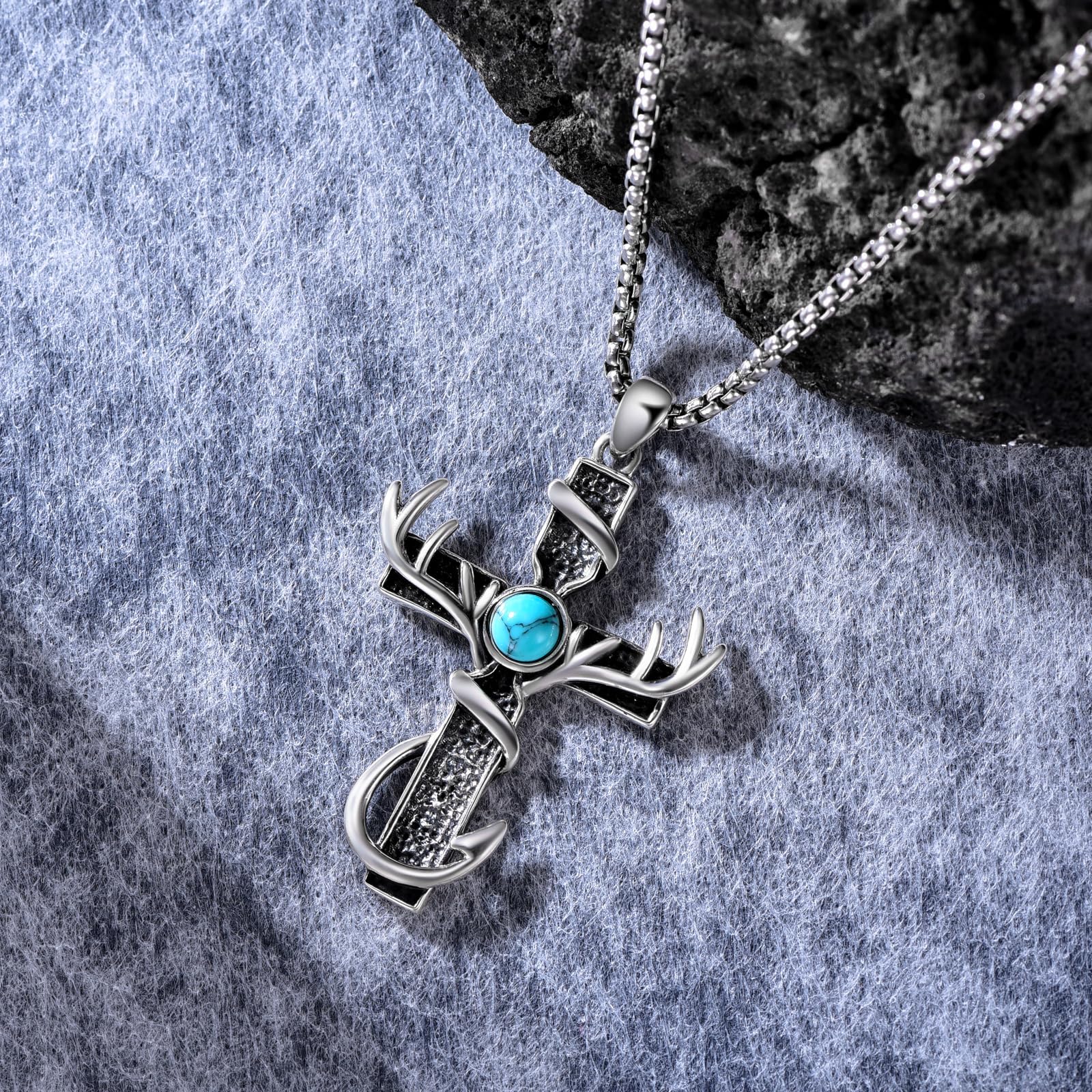 Collana con croce da caccia in argento Sterling 925 con ciondolo a forma di corna di corna da pesce, collana con gancio da pesca, gioielli da caccia, regali per uomini, cacciatori e papà
