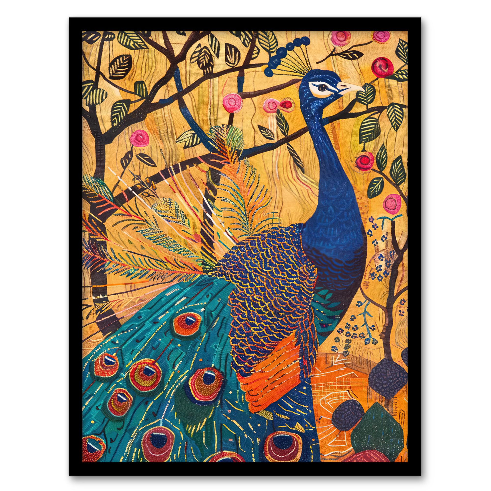 Artery8 Exotic Peacock in Tree with Roses Artwork Living Room Artwork Framed Wall Art Print A4